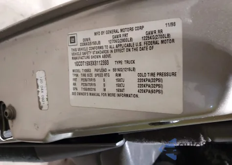 1999 Chevrolet S-10 Ls from USA, damaged, VIN 1GCDT19X8X8112393